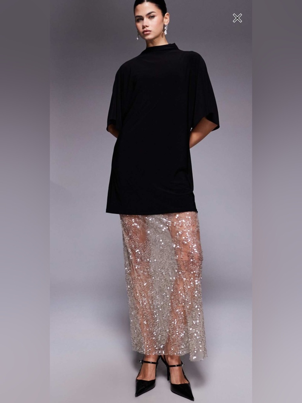 Sequin Sheer Maxi Skirt in Silver